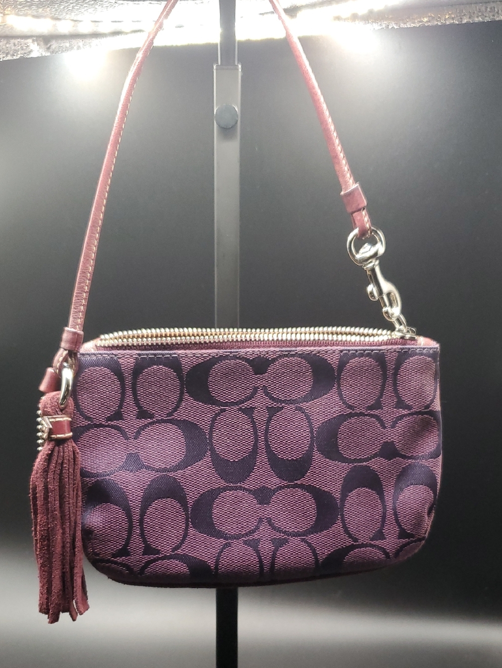 VINTAGE Coach Plum Signature Jacquard Wristlet with Suede Tassel And Bottom